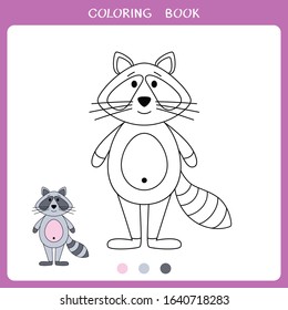 Simple educational game for kids. Vector illustration of cute raccoon for coloring book