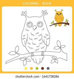 Simple educational game for kids. Vector illustration of owl sitting on the branch for coloring book