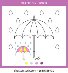 Simple educational game for kids. Vector illustration of ubrella and raindrops for coloring book