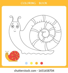 Simple educational game for kids. Vector illustration of cute snail for coloring book