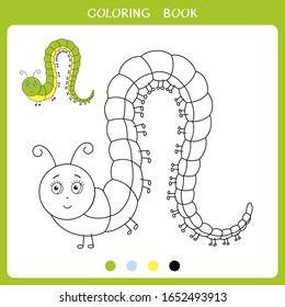 Simple educational game for kids. Vector illustratiol of funny caterpillar for coloring book