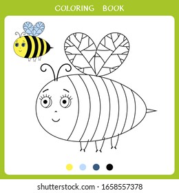 Simple educational game for kids. Vector illustration of cute flying bee for coloring book