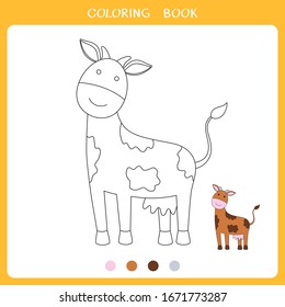 Simple educational game for kids. Vector illustration of funny cow for coloring book
