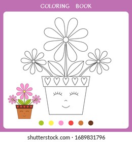 Simple educational game for kids. Vector illustration of cute flowerpot for coloring book