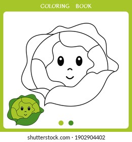 Simple educational game for kids. Vector illustration of cute cabbage for coloring book
