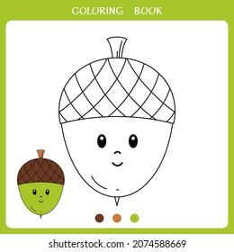 Simple educational game for kids. Vector illustration of cute acorn for coloring book