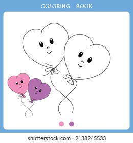 Simple educational game for kids. Vector illustration of two balloons of heart shape for coloring book