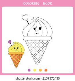 Simple educational game for kids. Vector illustration of cute lemon ice cream for coloring book