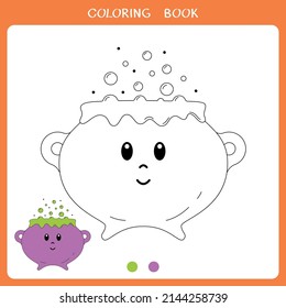 Simple educational game for kids. Vector illustration of cute witch cookware with potion for coloring book