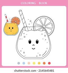 Simple educational game for kids. Vector illustration of cute orange cocktail for coloring book