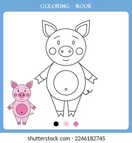 Simple educational game for kids. Vector illustration of cute pig for coloring book