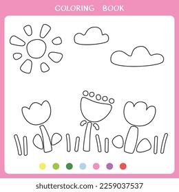 Simple educational game for kids. Vector illustration of spring landscape for coloring book