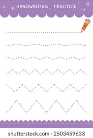 Simple educational game for kids. Vector handwriting practice sheet with dotted lines and zigzags