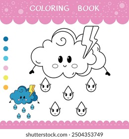 Simple educational game for kids. Vector worksheet with thunder cloud for coloring book