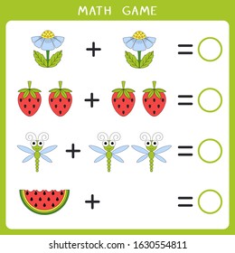 Simple educational math game for kids. Add and write the result. Vector worksheet