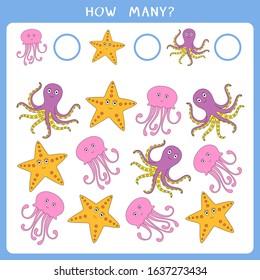 Simple educational math game for kids. Count how many sea animals and write the result. Vector worksheet