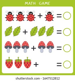 Simple educational math game for kids. Add and write the result. Vector illustration