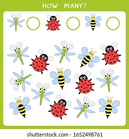 Simple educational math game for kids. Count how many beetles and write the result. Vector worksheet