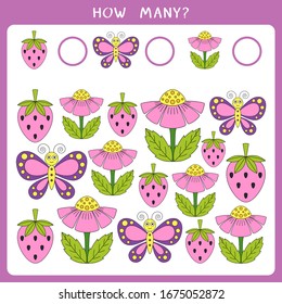 Simple educational math game for kids. Count how many flowers, berries and butterflies and write the result. Vector worksheet