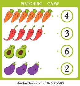 Simple educational math game for kids. Count how many vegetable and connect with number. Vector worksheet