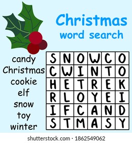 Simple educational word search puzzle for kids stock vector illustration. Funny cartoon English word game square printable worksheet for kids. Colorful little game for kids to Christmas holidays