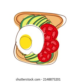 Simple egg avocado and slices tomatoes toast vector. Morning meal. Breakfast.