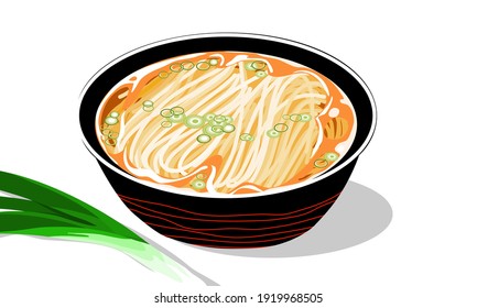 Simple egg noodles and soup in bowl and leeks decoration white background  Isolated close up hand drawing vector Illustration  

