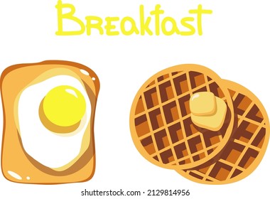 Simple tostada de huevo y waffles ilustración vectorial. Pan y tostadas de huevo y gofres redondos con mantequilla. La pareja del desayuno. Comida matutina americana. Menú café panadería. Ilustración alimentaria.