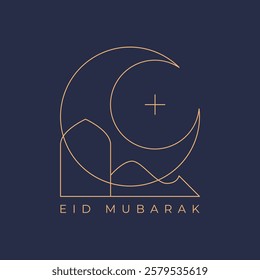 Simple Eid greeting card. Minimalist Ramadan card. Line art Islamic holiday template. Flat vector illustration.