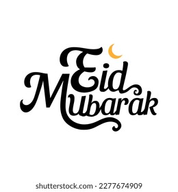 Título de caligrafía simple de Eid Mubarak con luna creciente aislada en blanco