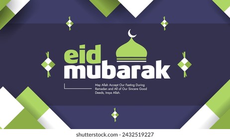 Simple Eid Mubarak Geometric Banner Design With Typography and Ketupat Ornaments
