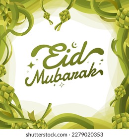 Simple Eid Mubarak Greeting Title Lettering With Ketupat Ornament Frame Concept