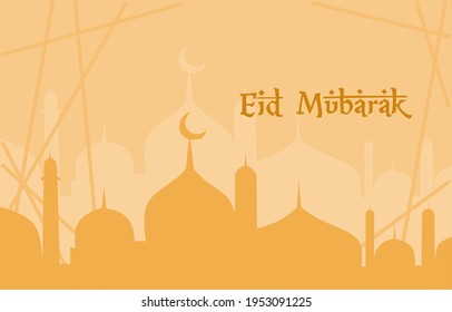 simple eid Mubarak line illustration design for eid greeting card with mosque on cream background
