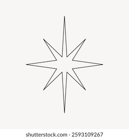 Simple eight-pointed star design with sharp, symmetrical lines. Minimalist star pattern, black on white. Star shape, geometric and symmetrical. Star element vector.