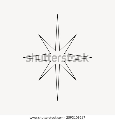 Simple eight-pointed star design with sharp, symmetrical lines. Minimalist star pattern, black on white. Star shape, geometric and symmetrical. Star element vector.