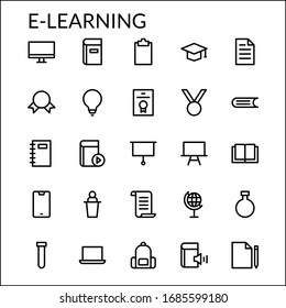 Simple E-Learning Line Style Contain Such Icon as Computer, Book, Graduation, Education, Document, Bagpack, Presentation and more. 48 x 48 Pixel Perfect