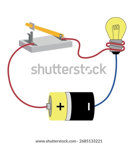 Simple Electric Circuit With Battery, Switch Lever, and Light Bulb Demonstration Diagram for Education