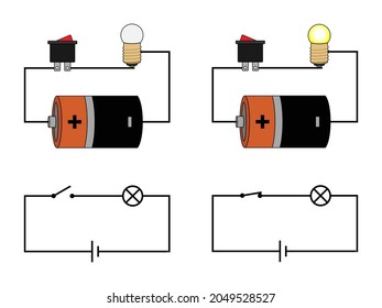 Simple electric circuit has Battery, Light Bulb and Switch. Vector illustration on white background.