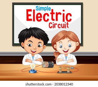 Simple Electric Circuit with scientist kids cartoon character illustration