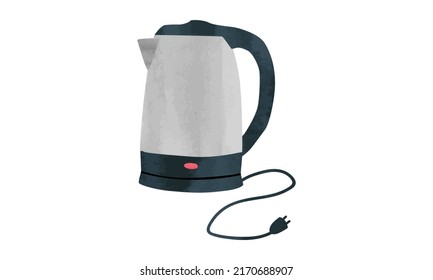 Simple Electric Kettle Watercolor Style Vector Illustration Isolated On White Background. Electric Kettle Clipart. Modern Kettle Cartoon Drawing Clipart. Kitchen Utensils, Cooking Tools Doodle Style