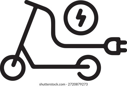 Simple electric scooter illustration with a plug and lightning bolt symbol indicating charging and electric power on a clean white background.