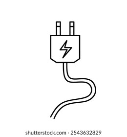 Un simple ícono de cable eléctrico con un enchufe de dos pines y un símbolo de relámpago en el centro del enchufe, que indica una conexión eléctrica