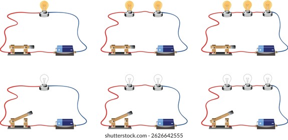 Simple Electrical Circuit, Series circuit with 1 lamp, 2 lamps and 3 lamps with switch and battery