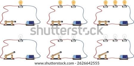 Simple Electrical Circuit, Series circuit with 1 lamp, 2 lamps and 3 lamps with switch and battery