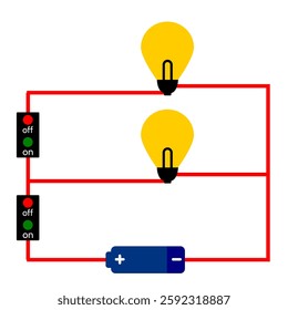 Simple electricity circuit with one battery and two bulb. Electric generator vector illustration for education purpose