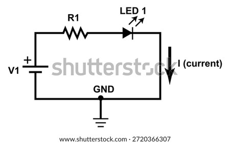 A simple electronic circuit diagram showing a voltage source, resistor, LED, and ground. Ideal for teaching basic electronics, current flow, and circuit concepts in classrooms, labs, or stock photo collections.