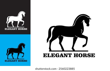 SIMPLE ELEGAN HORSE STANDING LOGO, silhouette of great happy mare vector illustrations