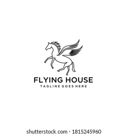 Caballo de elegancia simple con alas Iconos lineales vectoriales y diseño de logotipo 