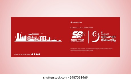 Simple Elegant 59th Singapore National Day Celebration Banner Design with Logo, Tourism Objects Illustration and Social Media Spot. 59th Singapore  Independence Day 2024. Best for Company Greeting 