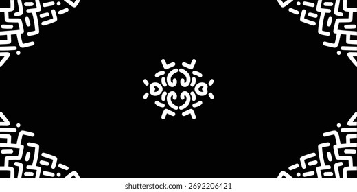 Um motivo abstrato simples e elegante centralizado, com pequenos elementos de padrão quebrados nos cantos sobre um fundo preto